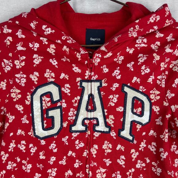NWT Gap Kids Hoodie Girls Red Floral Logo Sequin Full Zip Sweatshirt Cute Girly - Picture 2 of 6